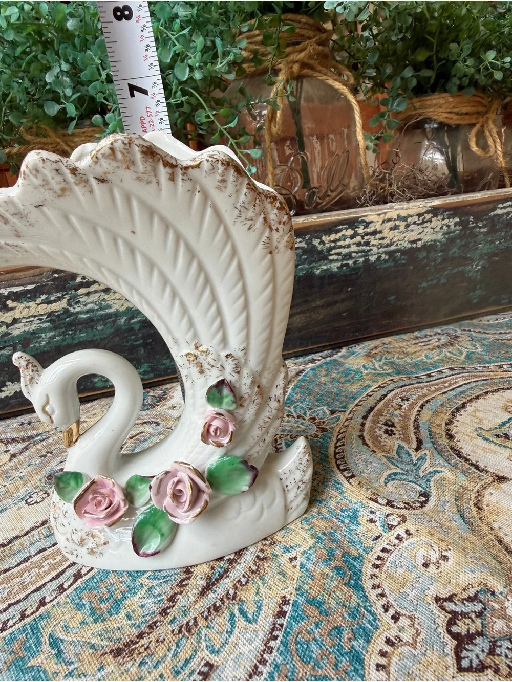 Swan Vase Pink Roses Gold Trim Vintage Ceramic Planter Vase Cottage Chic - Picture 7 of 9